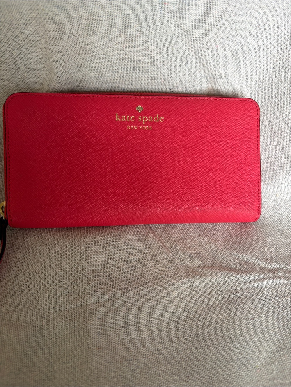 kate spade Red Zip-Around Saffiano Wallet with Gold Logo